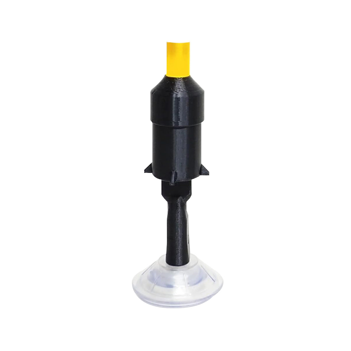 The S5 Mini Inserter by Augmented Vision Labs is a rocket-shaped black stand with a yellow cap and clear suction cup base designed to hold inverted lenses, defying gravity like an adjustable height device. Isolated on a white background, it comes with free video training.