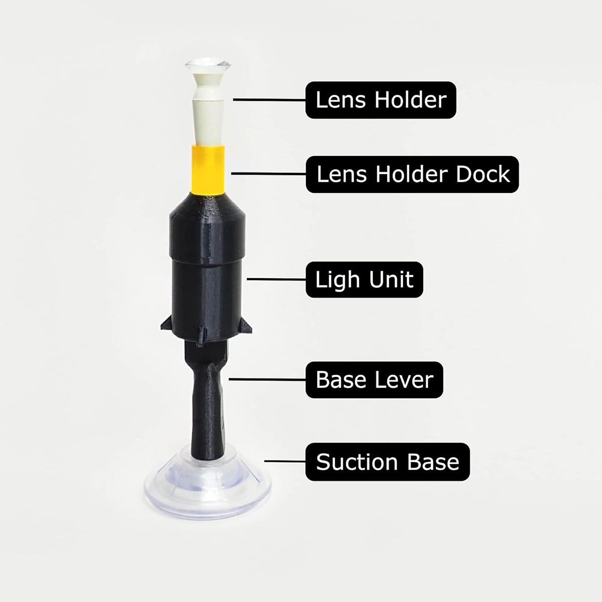 The S5 Mini Inserter by Augmented Vision Labs includes a lens holder, dock, light unit, and base lever. Its adjustable height and transparent suction base ensure secure vertical alignment for scleral lens insertion. Free video training is included.