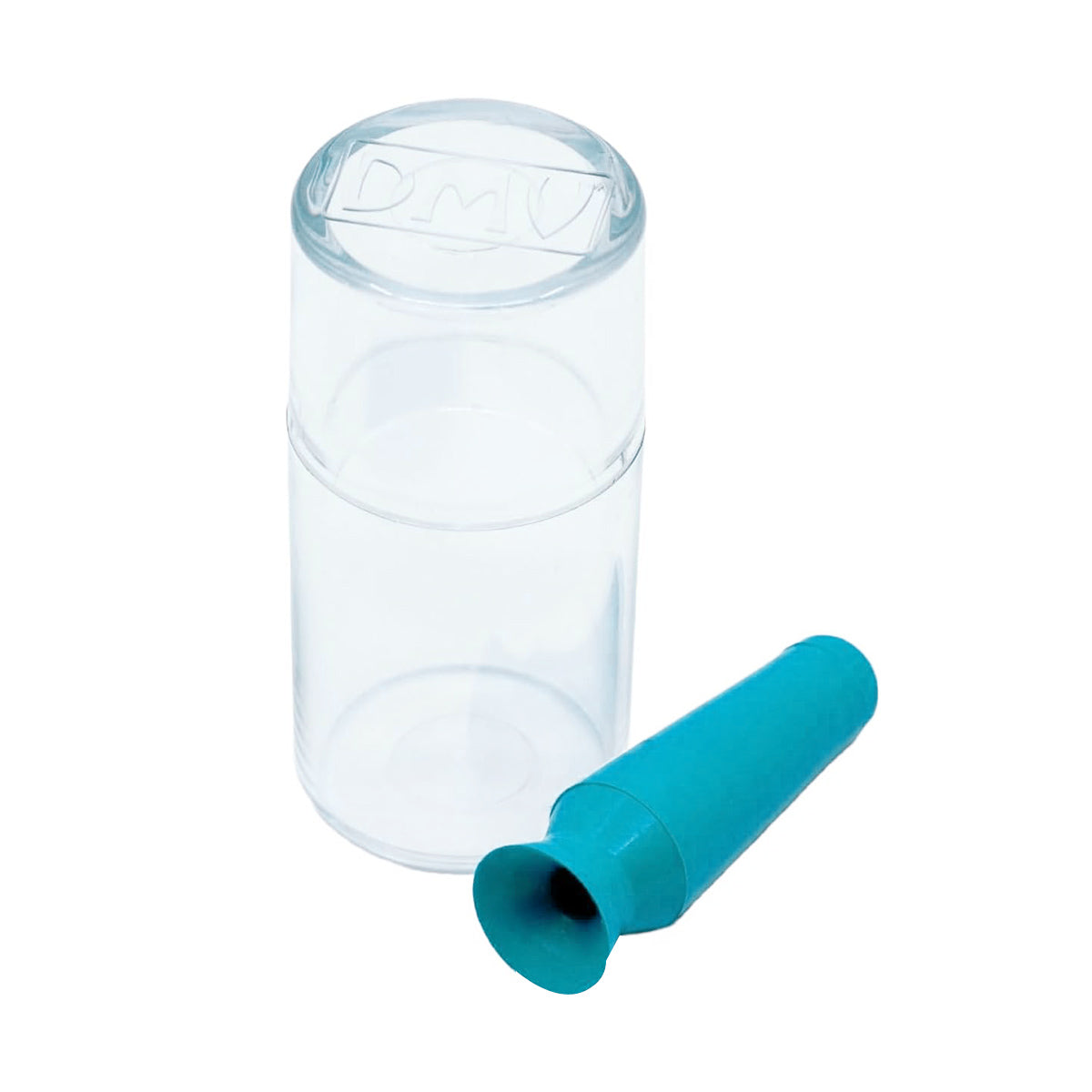 Beside the container is a blue suction tool resembling the traditional DMV contact lens remover, part of the DMV Scleral Cup Large Contact Lens Handler (10-Pack) by DMV. The clear plastic container is empty but labeled DMV.