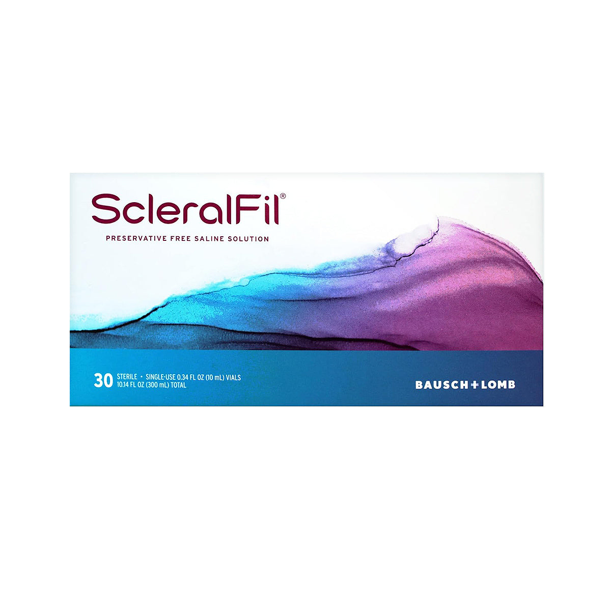 The Bausch + Lomb ScleralFil Preservative Free Saline Solution features an abstract design in purple, blue, and teal. This buffered solution is ideal for Scleral, Soft, and Rigid Gas Permeable lenses and includes 30 single-use vials of 0.34 fl oz each.