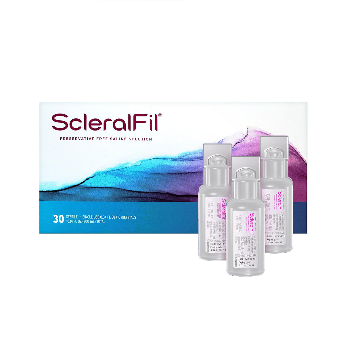 Image of a Bausch + Lomb ScleralFil package for scleral, soft, and rigid gas permeable lenses. The colorful packaging prominently displays ScleralFil and features three small clear vials in front, highlighting its gentle, preservative-free formulation.