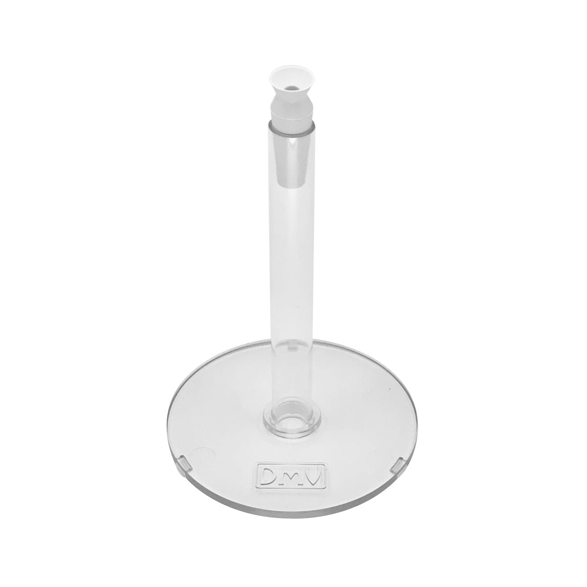 The DMV Scleral Contact Lens Inserter Stand, with a vertical holder and embossed circular base, includes one DMV Vented Scleral Cup, making it ideal for scleral lens management.