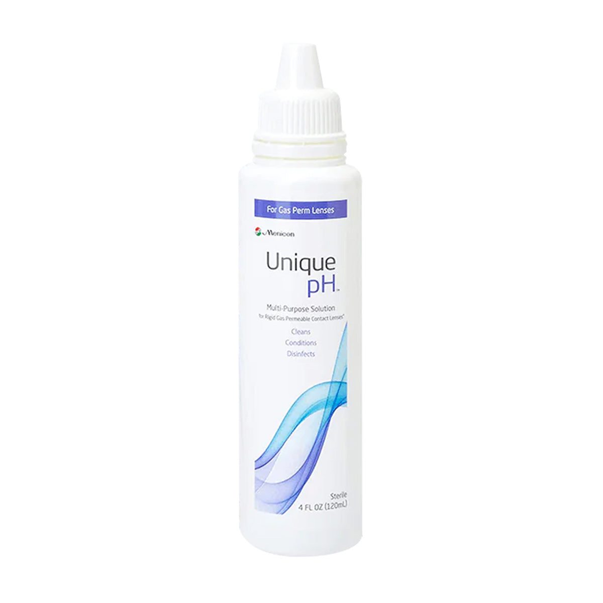 The Menicon Unique pH Multipurpose Solution 4 fl oz for gas permeable lenses cleans, conditions, and disinfects for better comfort. A blue and white contact lens case is included.