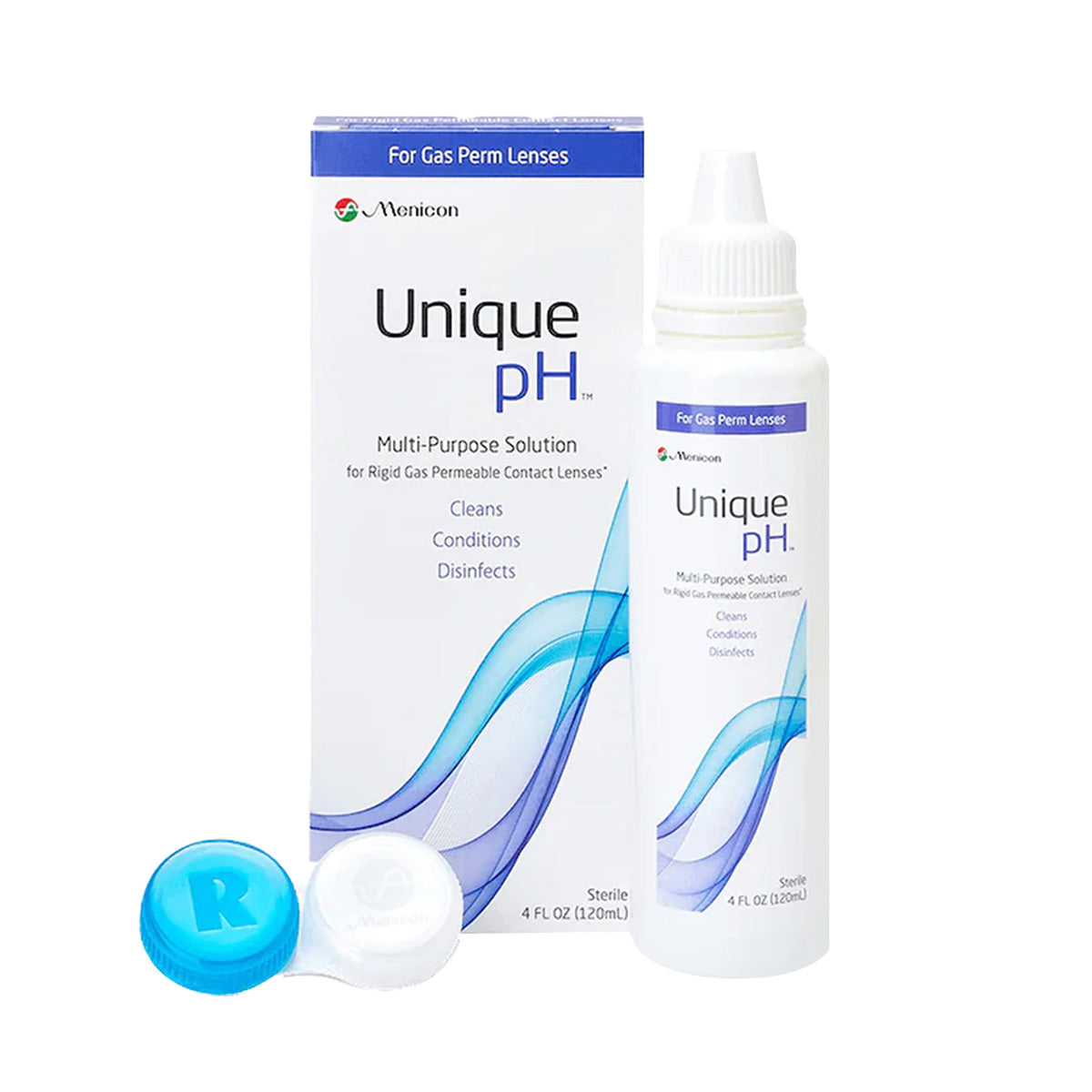 The Menicon Unique pH Multipurpose Solution for Gas Permeable Contact Lenses 4 fl oz (120ml) is displayed next to a labeled contact lens case. The white box with blue accents promises enhanced lens comfort.