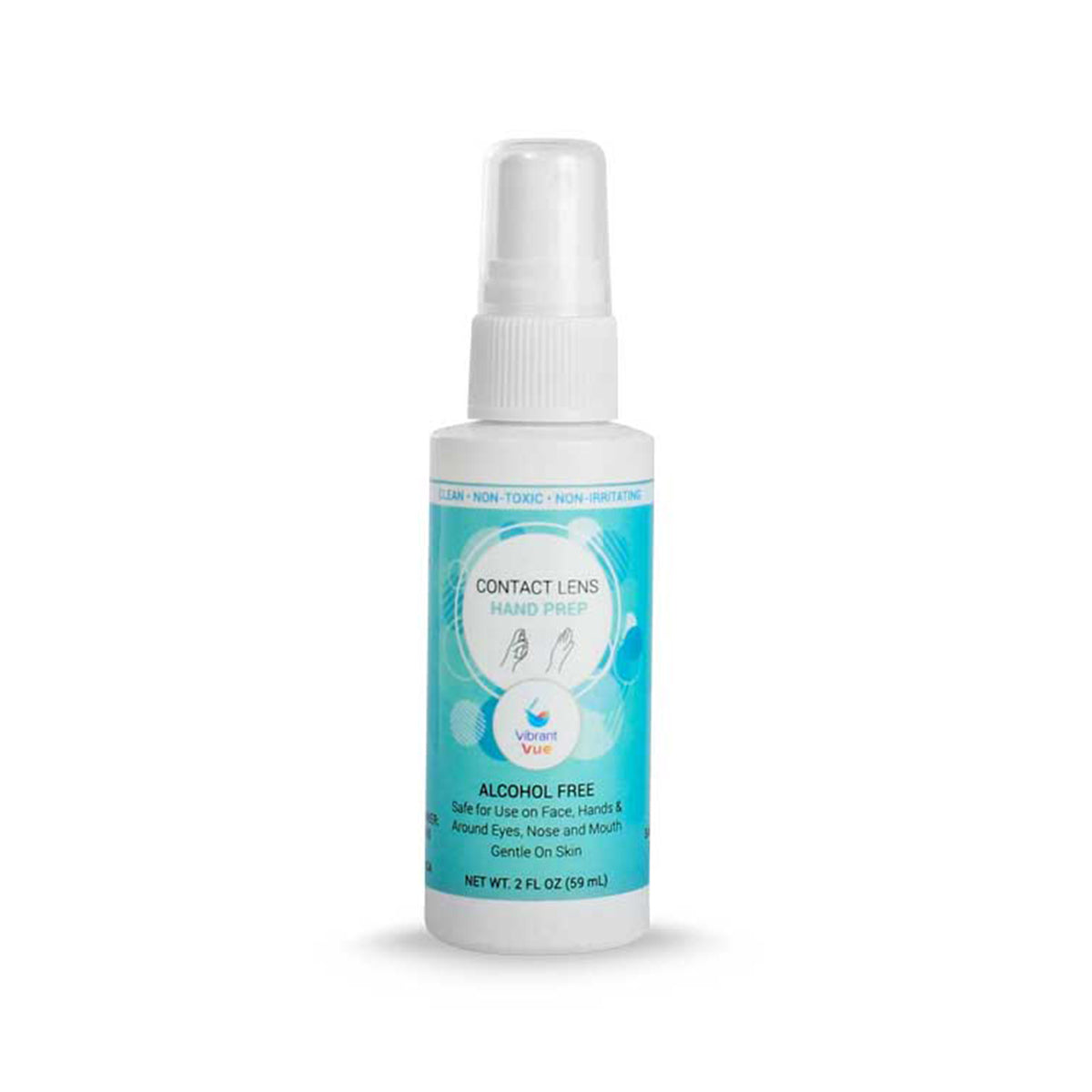 The Vibrant Vue Contact Lens Hand Prep by Visionary Optics, alcohol-free and safe for hands, face, and around eyes, comes in a compact 2 fl oz (59 ml) white plastic spray bottle with a blue and teal design.