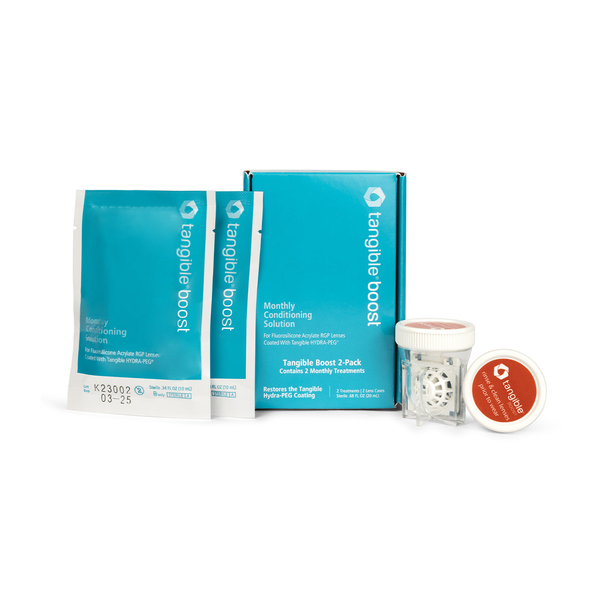 The image showcases the Tangible Boost 2-Pack, which restores and maintains Tangible Hydra-PEG coated lenses. It includes two teal sachets, a branded teal box, a clear contact lens case to combat deposits, and a small jar with a red cap.