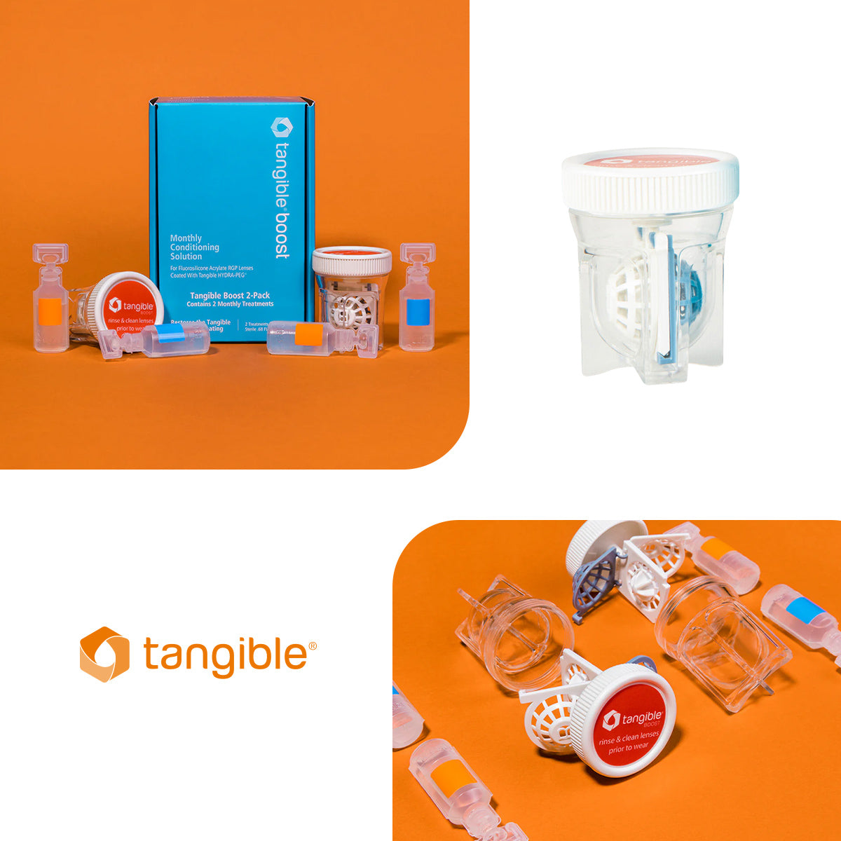 Displayed on an orange background is the Tangible Boost 2-Pack, featuring a blue box, small bottles, and a lens case. Designed to combat deposits and enhance comfort with Hydra-PEG coating, Tangible in orange text stands out below.