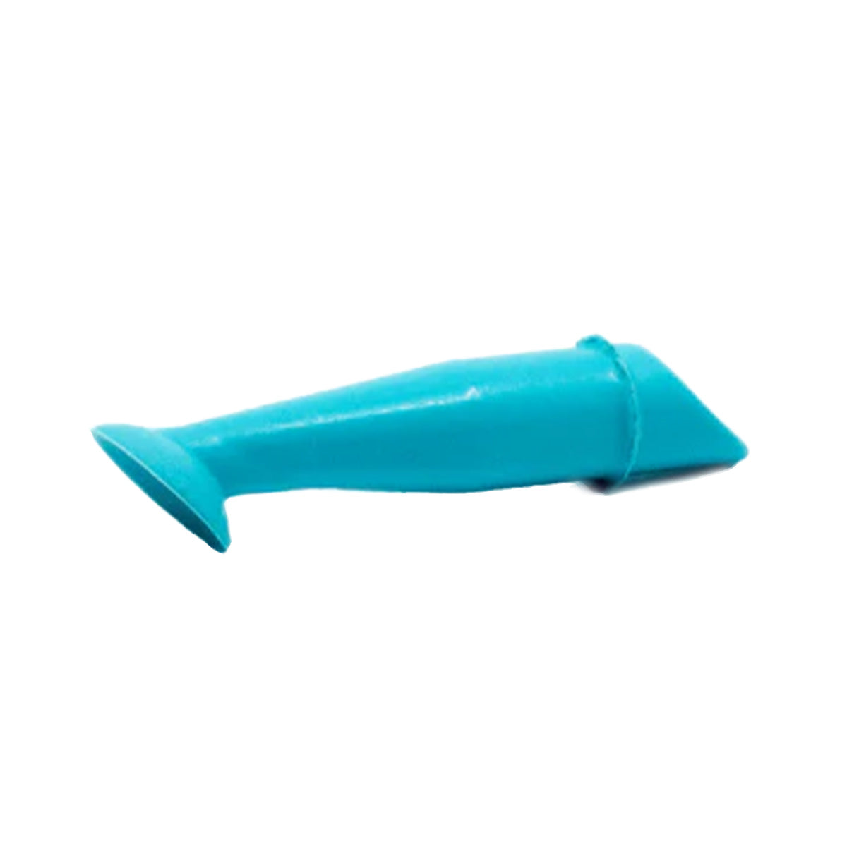 A blue plastic toy, shaped like a shark fin with a flat base and pointed tip, rests on its side against a white background, resembling a DMV 45 Contact Lens Remover tool designed for easy grip and precision.