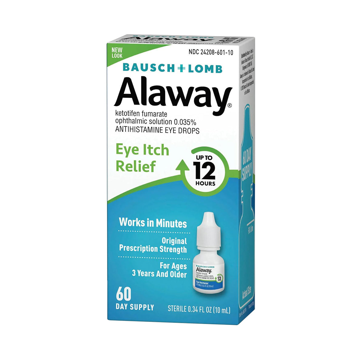 Image of a box labeled Alaway Antihistamine Allergy Eye Drops by Bausch + Lomb, featuring ketotifen fumarate ophthalmic solution, 0.035%, for soothing itchy eyes. It offers fast relief in minutes lasting up to 12 hours and is suitable for ages 3 and older, with a convenient 60-day supply.