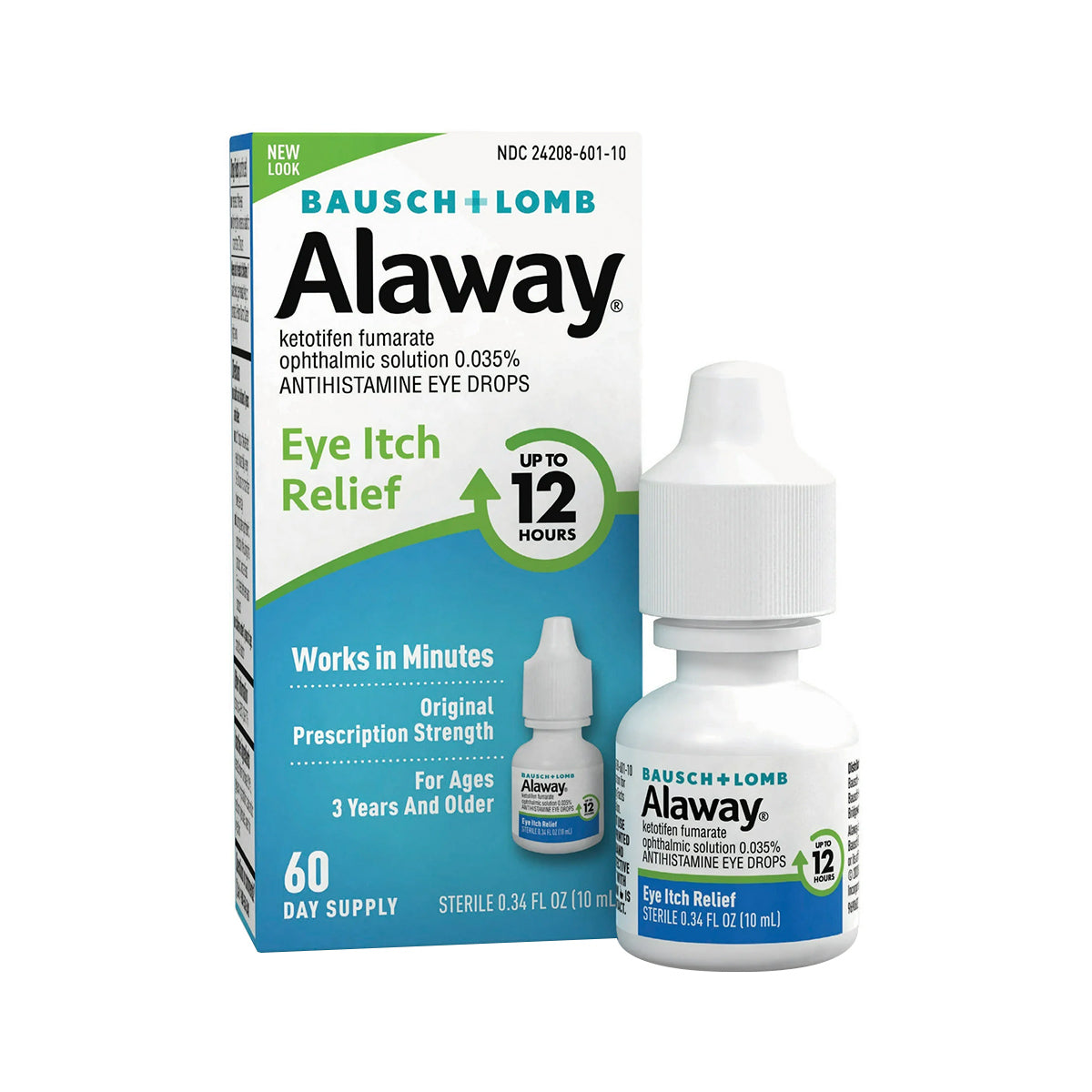 Image of a box and bottle of Bausch & Lomb Alaway Antihistamine Allergy Eye Drops 10mL. The packaging highlights Eye Itch Relief, Up to 12 Hours, and Works in Minutes. Ideal for allergy relief, suitable for ages 3+, providing a 60-day supply of effective itch relief.