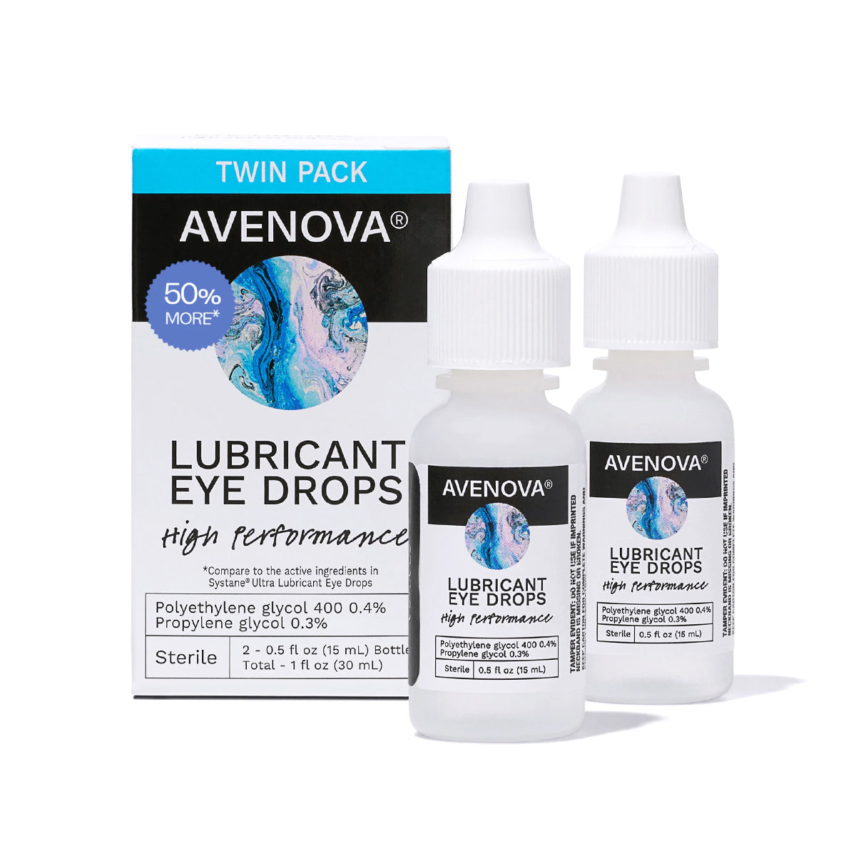 Two white 15ml bottles of NovaBays Avenova Lubricant Eye Drops (Twin Pack) are displayed in front of their High Performance packaging, boasting 50% more with key ingredients polyethylene glycol and propylene glycol for effective hydration and soothing dry eyes.