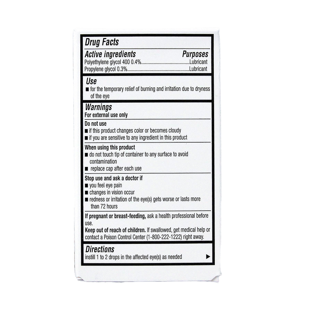 The Avenova Lubricant Eye Drops (Twin Pack) by NovaBay features a label detailing drug facts, active ingredients like polyethylene glycol 400 and propylene glycol for dry eye relief, uses, warnings, and instructions. Its for external use only; consult a doctor if irritation occurs.