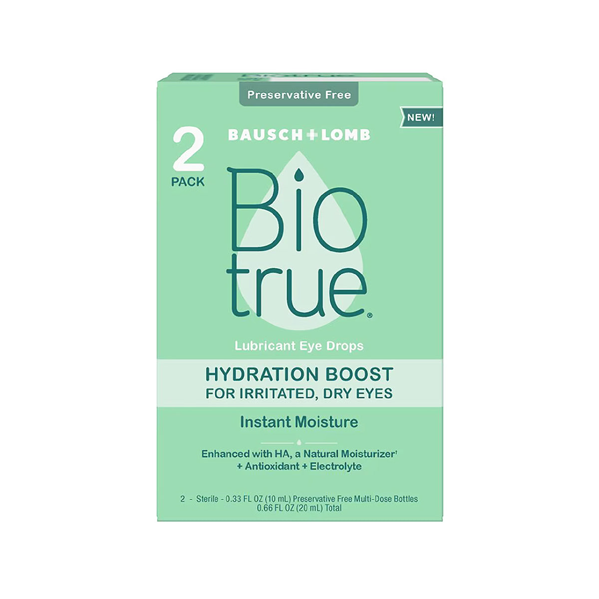 Image of Bausch + Lomb Biotrue Hydration Boost Eye Drops. This two-pack, preservative-free solution is ideal for dry, irritated eyes, providing instant moisture with naturally inspired ingredients like hyaluronic acid and antioxidants. Suitable for soft contact lenses.