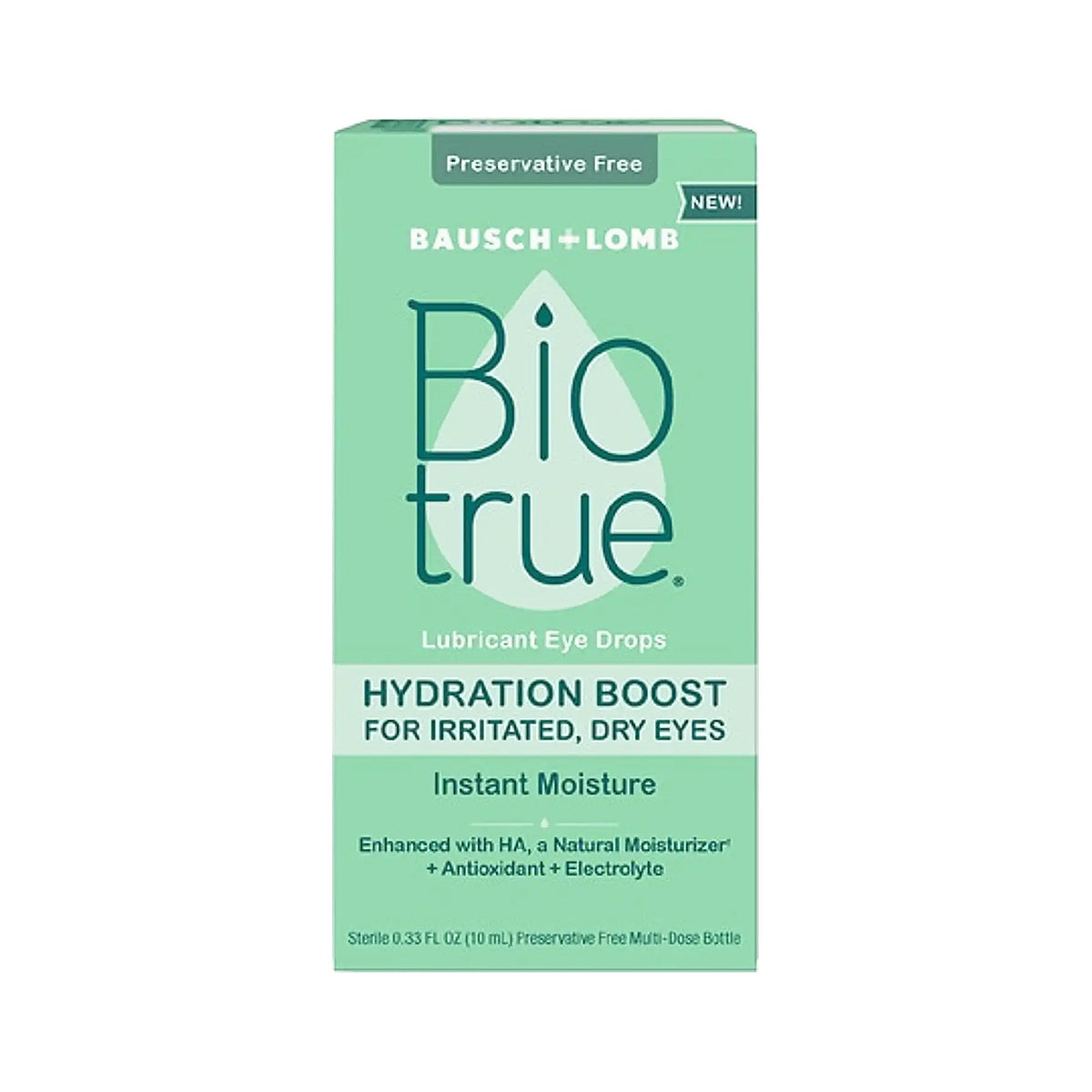 An image displays a box of Biotrue Hydration Boost Eye Drops (10 mL, pack of 2) by Bausch + Lomb. It features Preservative Free, is ideal For Irritated, Dry Eyes, and contains naturally inspired ingredients with enhanced HA, antioxidants, and electrolytes.