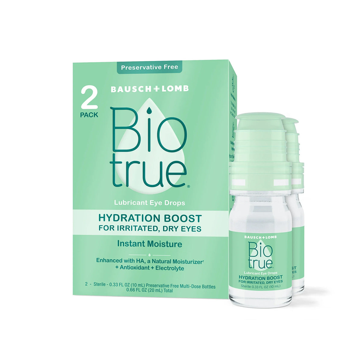 Two-pack of Biotrue Hydration Boost Eye Drops by Bausch + Lomb for dry, irritated eyes. Preservative-free and contact lens friendly, with natural moisturizers, antioxidants, and electrolytes. Each bottle is 10 mL (0.33 FL OZ).