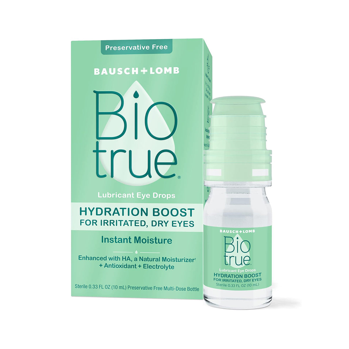 The image features a Bausch + Lomb Biotrue Hydration Boost Eye Drops box and bottle, highlighting instant moisture and being preservative-free. It spotlights naturally inspired ingredients with enhanced HA, antioxidants, and electrolytes for superior hydration.