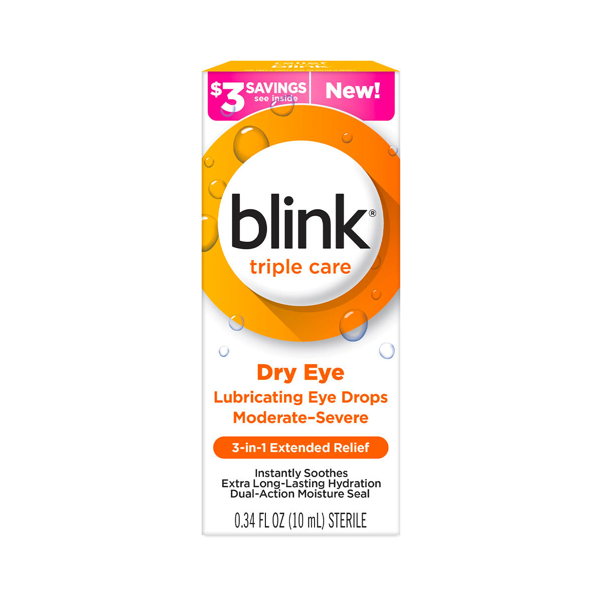 Image of the Blink Triple Care 3 in 1 Eye Drops by Bausch + Lomb. The packaging highlights features such as 3-in-1 Extended Relief, Instantly Soothes, and Dual-Action Moisture Seal for long-lasting hydration. Contains 0.34 fl oz (10 ml).