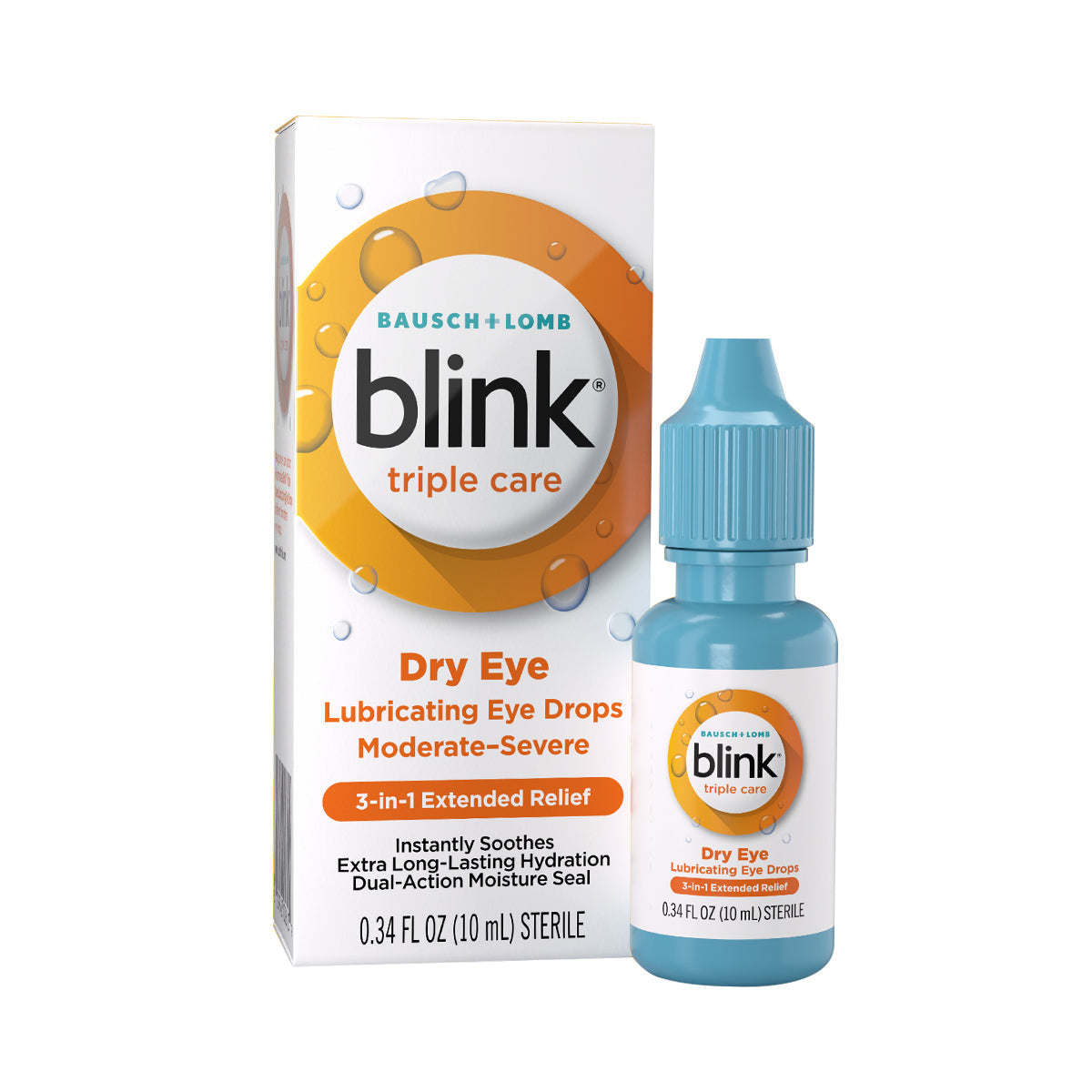 Image of a box and bottle of Blink Triple Care 3 in 1 Eye Drops by Bausch + Lomb. Packaging highlights Moderate-Severe, 3-in-1 Extended Relief, and Sterile 0.34 FL OZ (10 mL). Promises long-lasting hydration for dry eyes relief, featuring a blue bottle with an orange label.