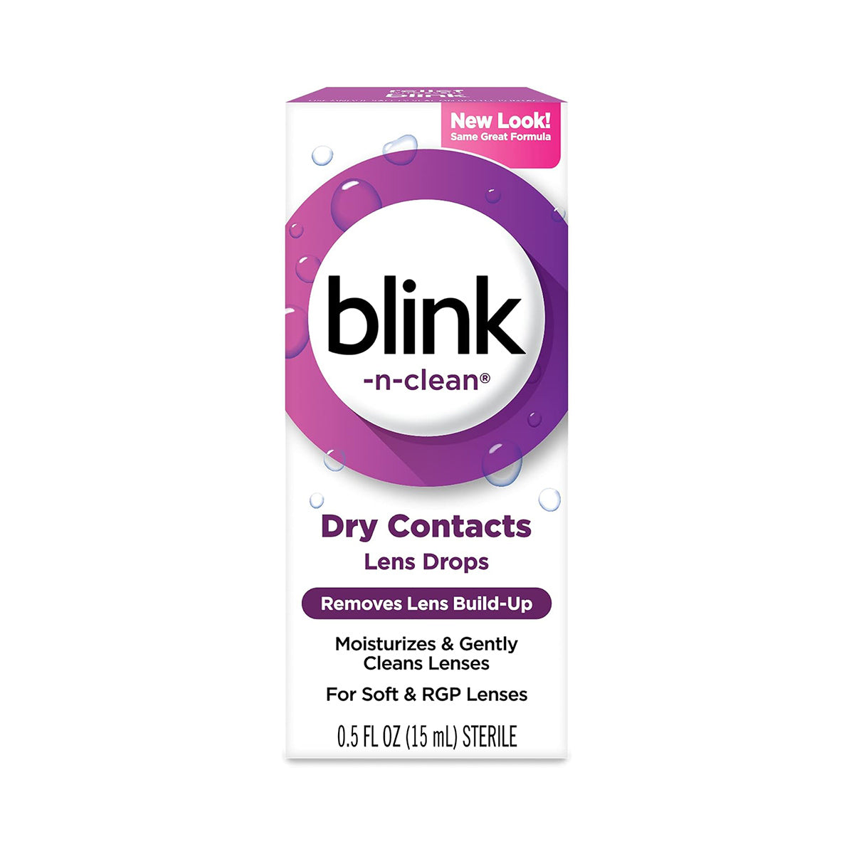 The image shows a purple-themed box of Bausch + Lombs Blink-N-Clean Lens Drops (15ml), highlighting Removes Lens Build-Up and Moisturizes & Gently Cleans Lenses, ideal for soft and RGP lenses.