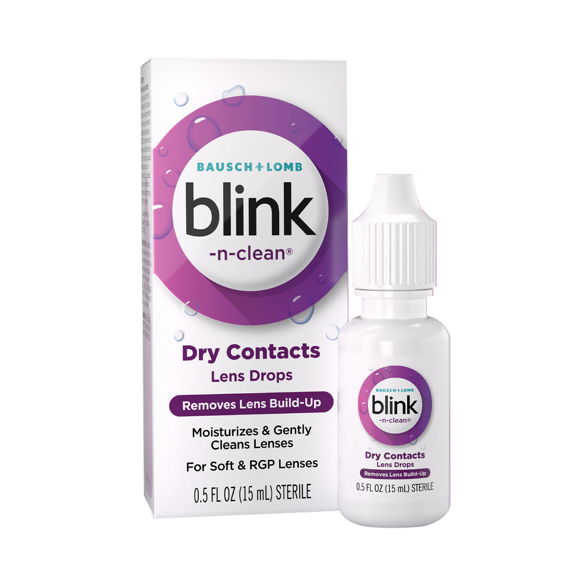 Blink-N-Clean Lens Drops (15ml) by Bausch + Lomb come in a box and bottle. Perfect for contact lenses, they remove lens build-up, moisturize, and gently clean lenses. The sterile solution bottle contains 0.5 fl oz (15 mL).