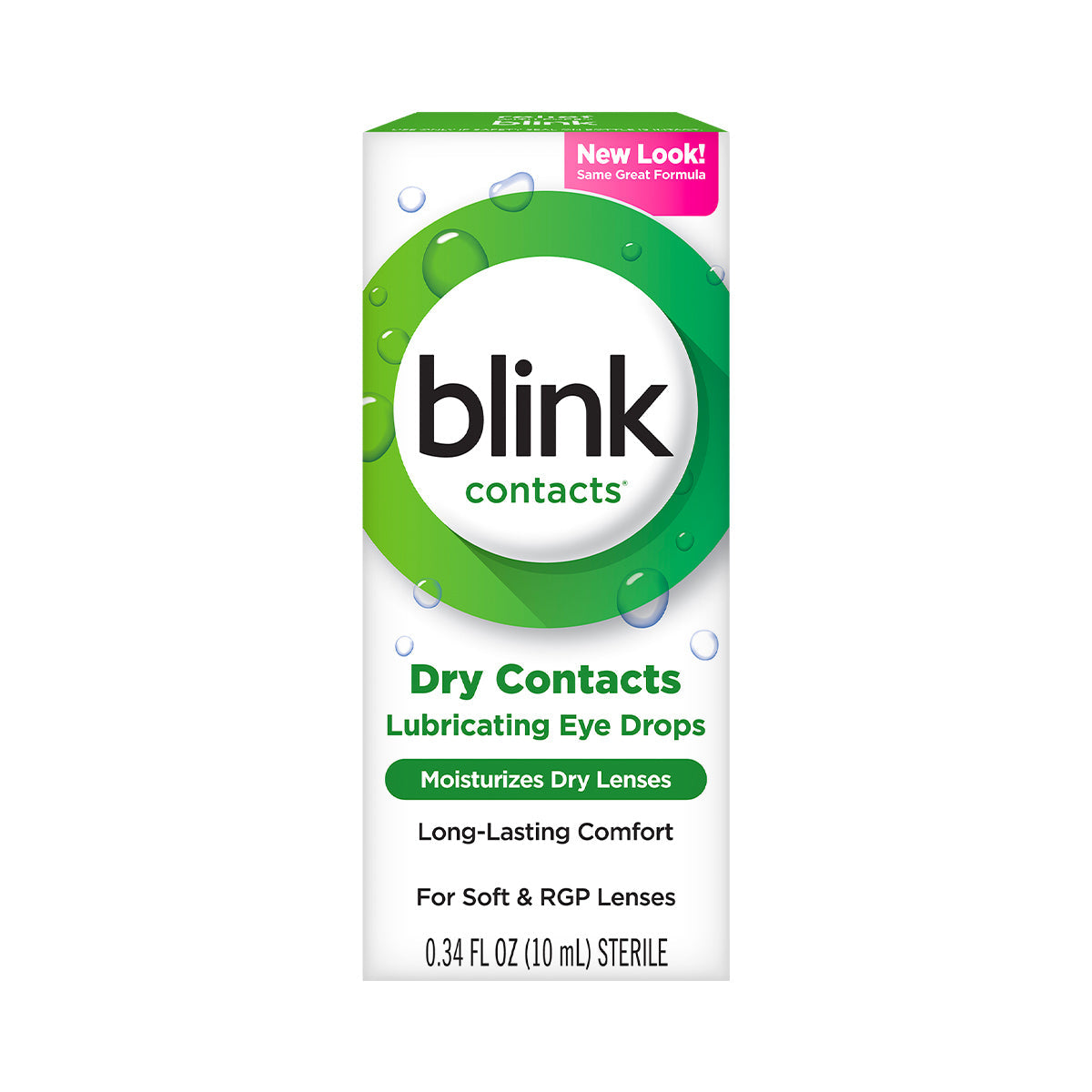 Bausch & Lombs Blink Contacts Lubricating Eye Drops (10ml) feature Contact Lens Lubrication with white packaging, green accents, and bubble imagery. Key phrases include Dry Contacts, Moisturizes Dry Lenses, Long-Lasting Comfort, and a pink banner announcing a new look with Sodium Hyaluronate.