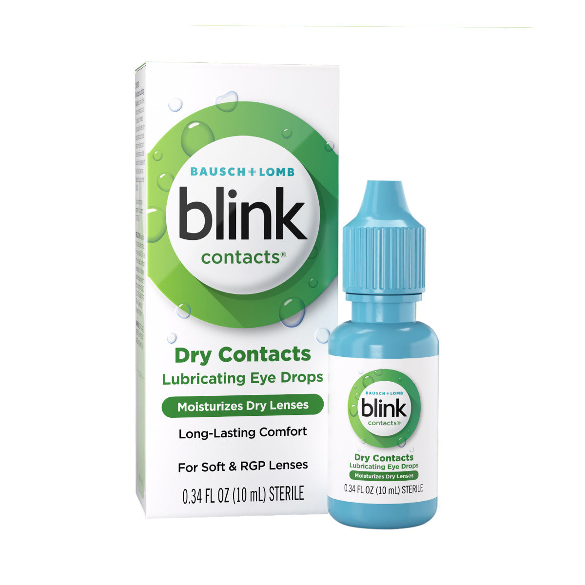 The Bausch + Lomb Blink Contacts Lubricating Eye Drops (10ml) bottle is designed for moisturizing dry lenses and provides long-lasting comfort for soft and RGP lenses, ensuring relief throughout the day.