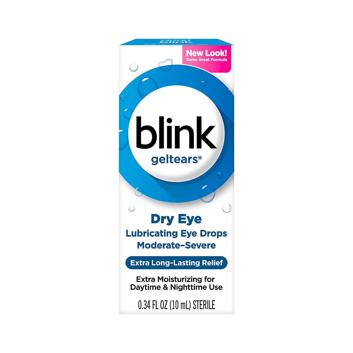 The image displays a box of Bausch + Lomb Blink Gel Tears Lubricating Eye Drops (10ml) for moderate to severe dry eyes. Featuring Extra Long-Lasting Relief, they contain Polyethylene Glycol 400 for day and night use and include 0.34 fl oz (10 mL).