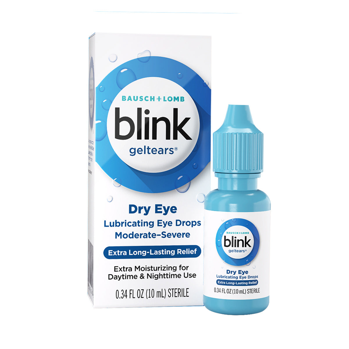 A blue and white box labeled Blink Gel Tears Lubricating Eye Drops (10ml) by Bausch & Lomb sits beside a small blue dropper bottle. Promising extra long-lasting dry eye relief, the 0.34 FL OZ (10 mL) bottle offers premium soothing comfort with its lubricating formula.