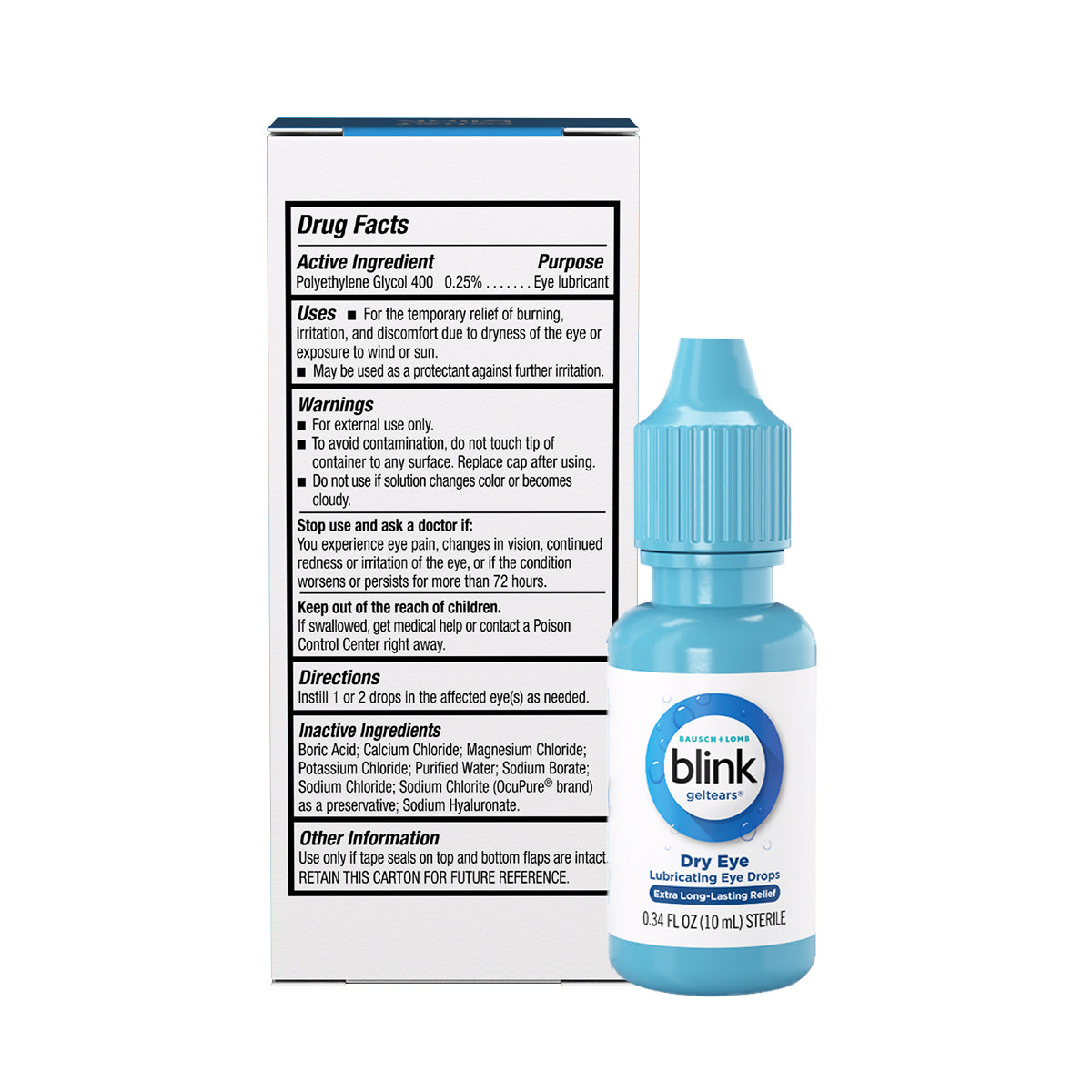 A blue bottle of Bausch & Lombs Blink Gel Tears Lubricating Eye Drops for dry eye relief, 10ml, sits next to its box with drug facts and use directions. It is sterile and effective as an eye lubricant.