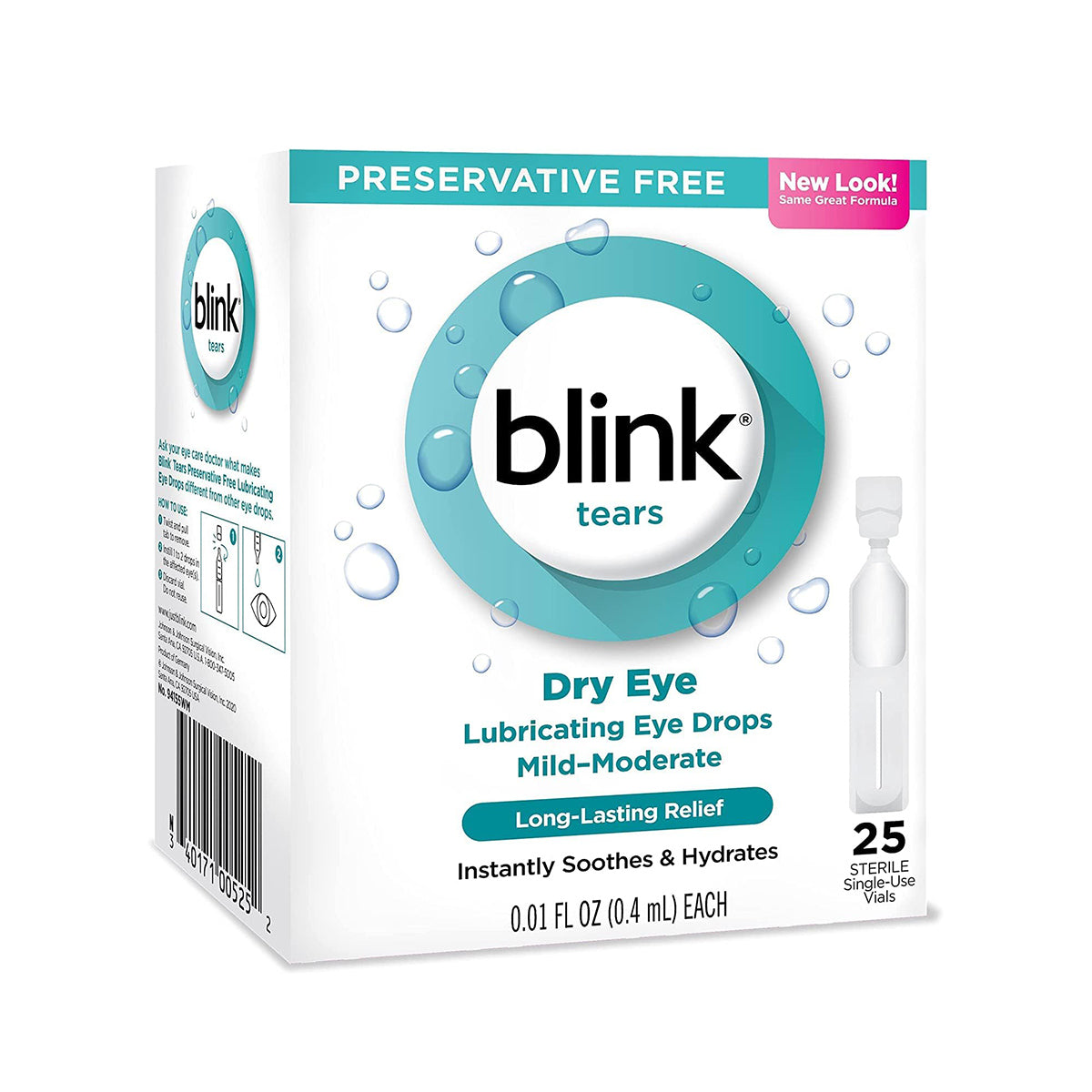 The image shows a box of Bausch + Lombs Blink Tears Preservative Free Lubricating Eye Drops Vials (25 Count), crafted for mild to moderate dry eye relief. These drops offer long-lasting comfort in 25 sterile single-use vials for handy application.