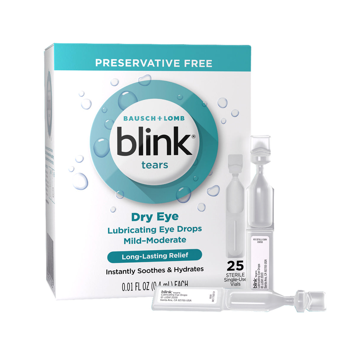 The image showcases Bausch + Lombs Blink Tears Preservative Free Lubricating Eye Drops Vials (25 Count), which offer long-lasting comfort and relief for mild to moderate dry eyes with a preservative-free formula.