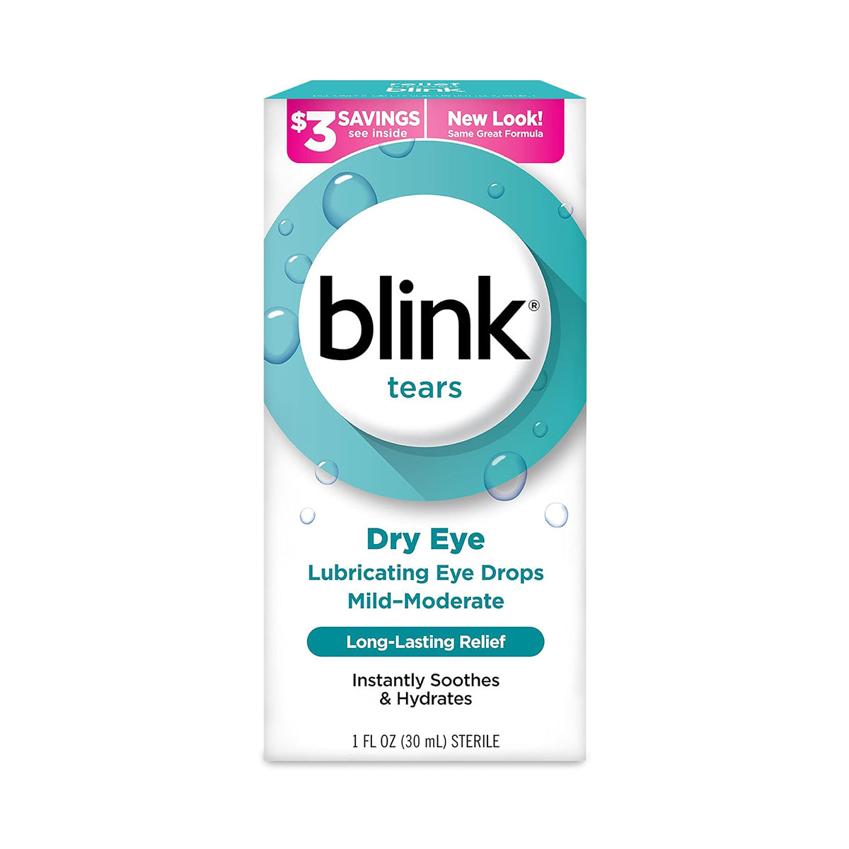 The image features a box of Bausch & Lomb Blink Tears Lubricating Eye Drops for mild to moderate dry eyes, promising long-lasting relief that instantly soothes and hydrates. The packaging highlights a “New Look” with an offer of $3 savings.