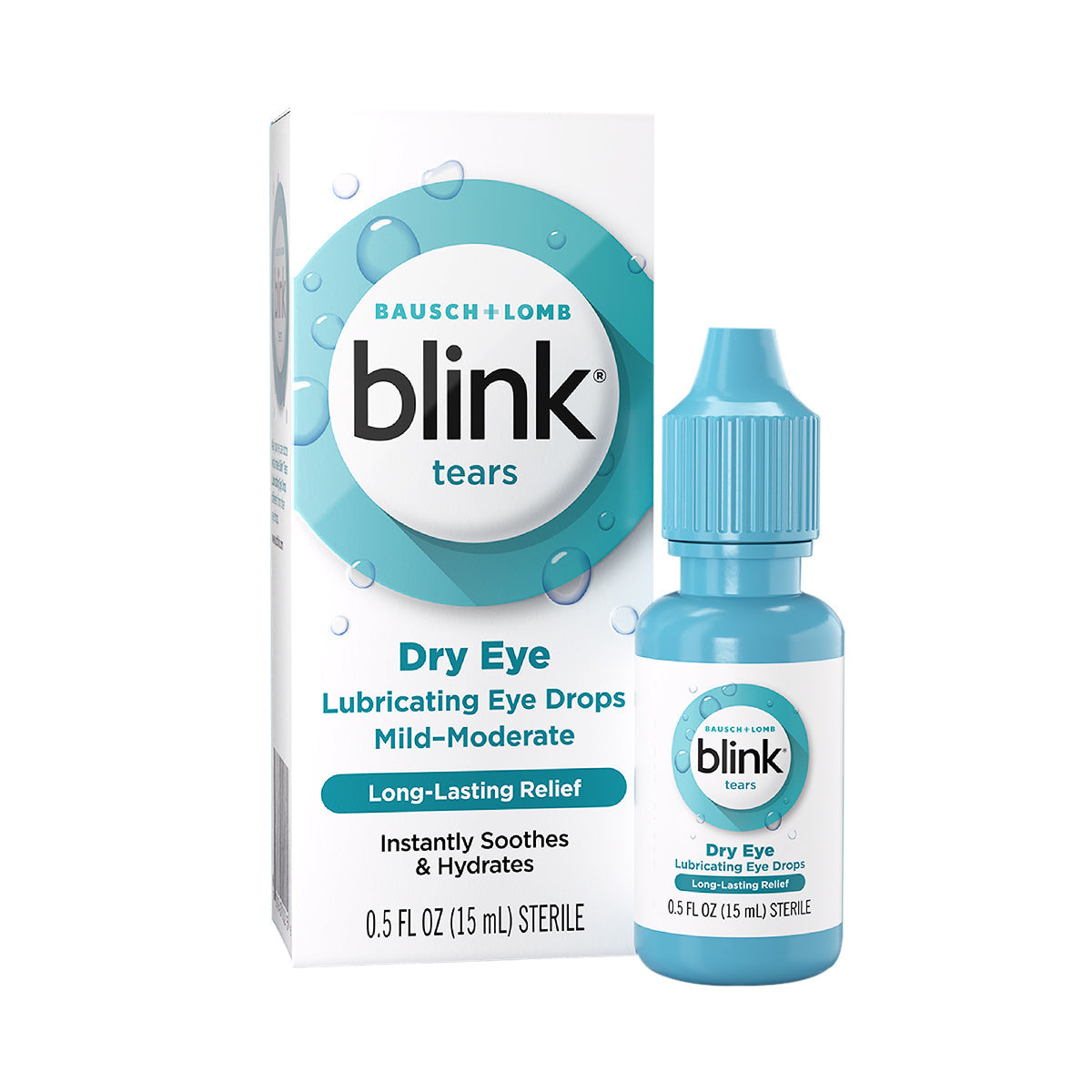 A box and small blue bottle of Bausch & Lombs Blink Tears Lubricating Eye Drops offers Mild-Moderate and Long-Lasting Relief. This sterile lubricant for dry eyes contains 0.5 fl oz (15 mL), providing soothing relief.