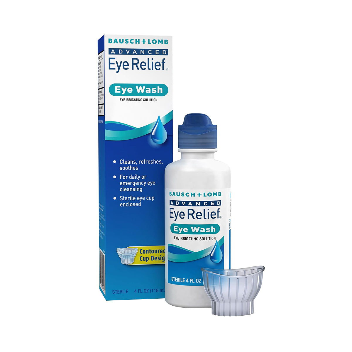 The 4 oz bottle of Advanced Eye Relief Eye Wash by Bausch & Lomb features a blue and white contoured cup for easy application, ensuring eye health by cleaning and refreshing irritated eyes.