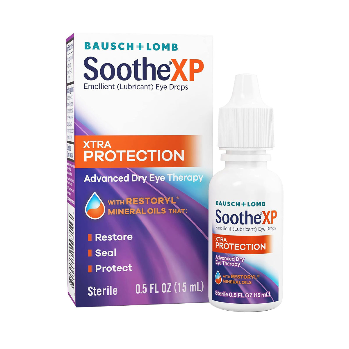 The packaging of Bausch + Lomb Soothe XP Eye Drops (15 ml) emphasizes Xtra Protection, offering benefits like restoring, sealing, and protecting the lipid layer. Enhanced with Restoryl mineral oils to relieve dry eye discomfort.