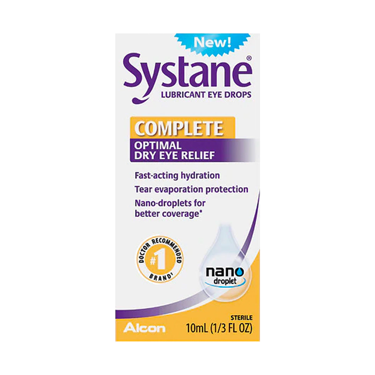 Alcons Systane Complete Lubricant Eye Drops (10ml) offers fast-acting hydration and tear evaporation protection with Nano-Droplet Technology for superior coverage, featuring the Doctor Recommended Brand label.