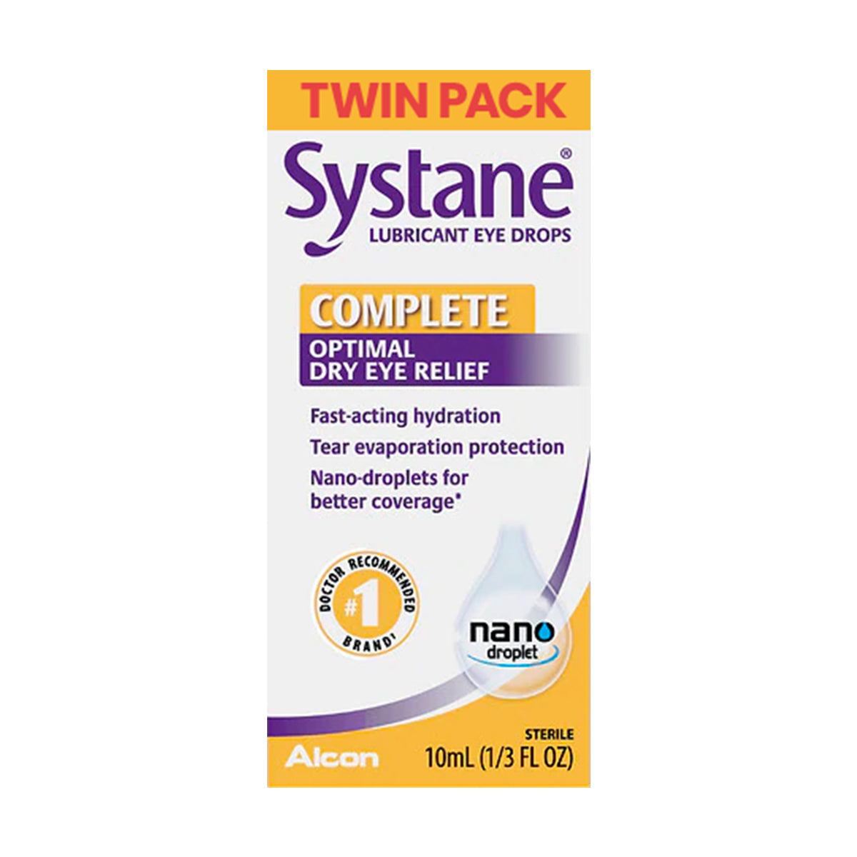 The Systane Complete Twin Pack by Alcon features two 10 ml bottles of lubricant eye drops offering optimal dry eye relief with fast-acting hydration through advanced nano droplets. As a doctor-recommended brand, it effectively alleviates dry eye symptoms.