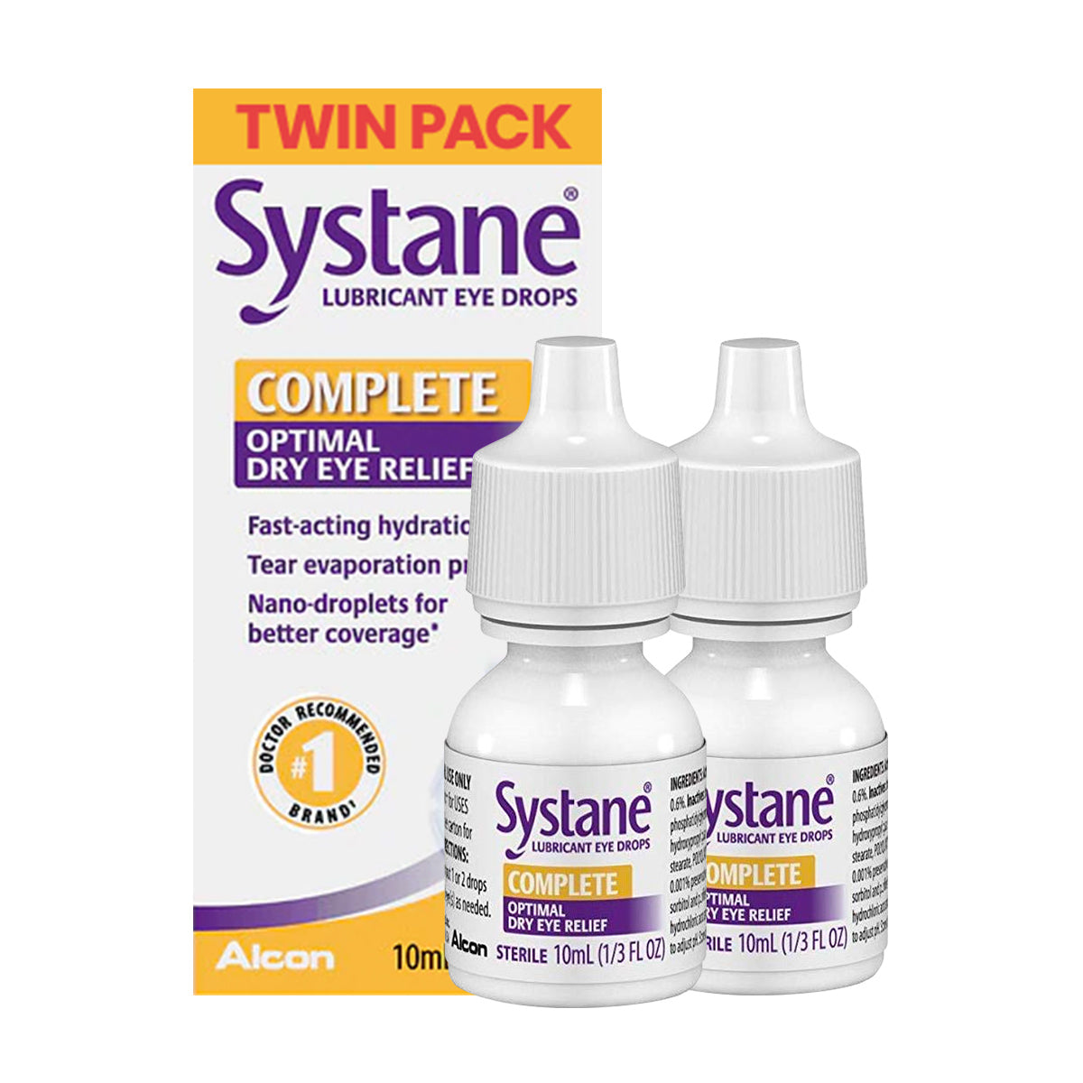 Alcons Systane Complete Lubricant Eye Drops Twin Pack (2 x 10ml) offers fast hydration for dry eye relief and highlights its doctor-recommended effectiveness on the packaging.