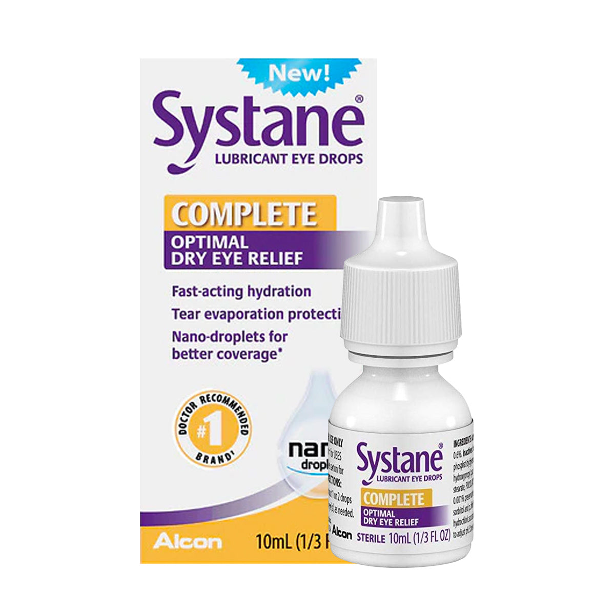 Image of a Systane Complete lubricant eye drops 10ml bottle and box from Alcon, featuring Complete Optimal Dry Eye Relief, fast-acting hydration, and tear evaporation protection with advanced Nano-Droplet Technology.