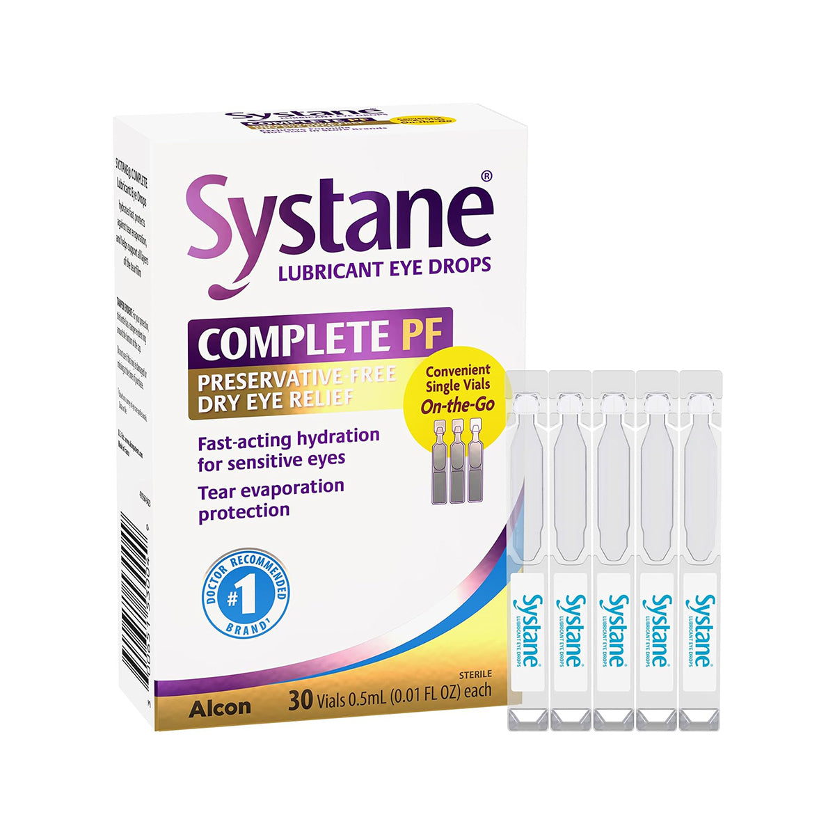 Image of Alcons Systane Complete Preservative-Free Lubricant Eye Drops 30ct Vials box, labeled Complete PF, highlighting Preservative-Free Dry Eye Relief and Convenient Single Vials On-the-Go, with four single-use 0.5mL vials beside it for soothing comfort anywhere.