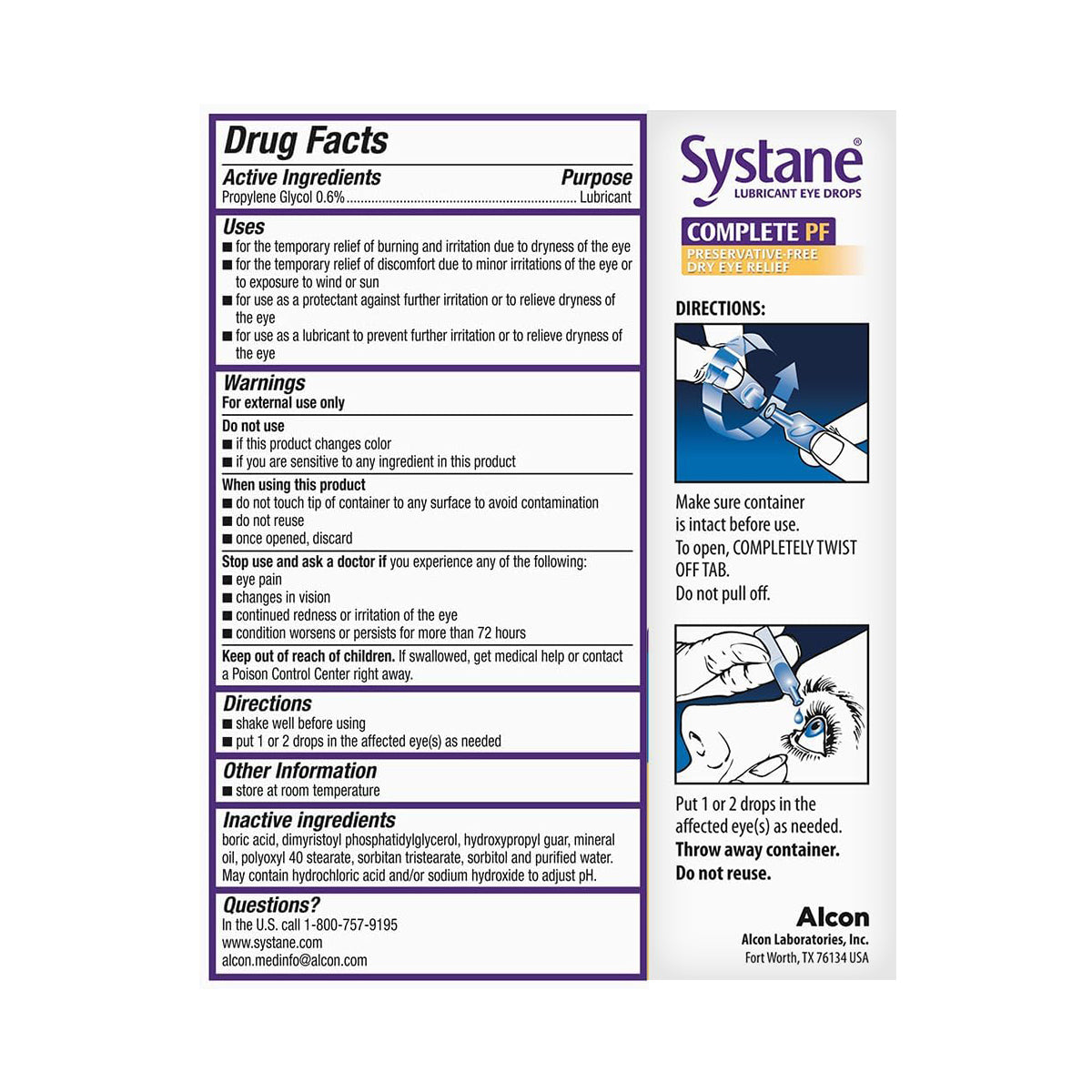 Systane Complete PF Lubricant Eye Drops by Alcon offers dry eye relief with a detailed drug facts label on active ingredients, purpose, warnings, and directions. The preservative-free drops come in 30 single-use vials within purple-themed packaging and include company contact info.