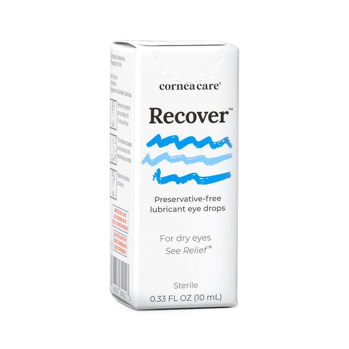 A white box of CorneaCares Cornea Care Recover preservative-free artificial tears features blue wave graphics and the tagline For dry eyes See Relief®. It contains a 10mL multi-dose bottle offering advanced hydration and soothing relief for dry, irritated eyes.