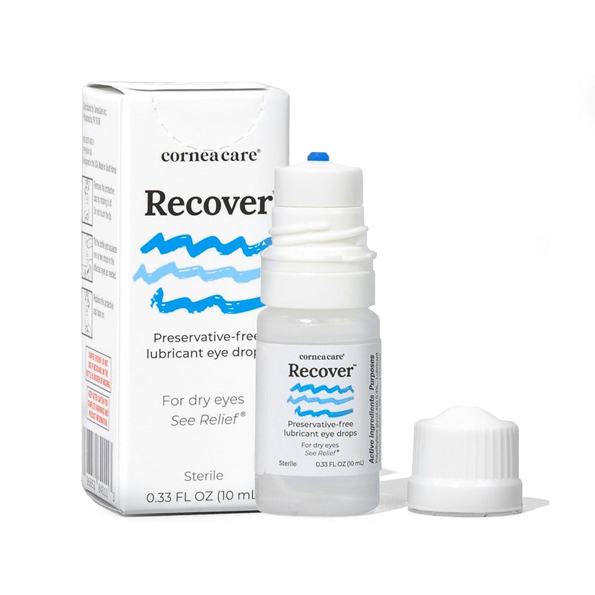 A small white box and eye drop bottle labeled CorneaCare Recover are displayed. The 10mL bottle, featuring a wavy blue line design, is marked Preservative-free hydrating eye drops. Ideal for soothing dry eyes, the set includes a white cap beside it.