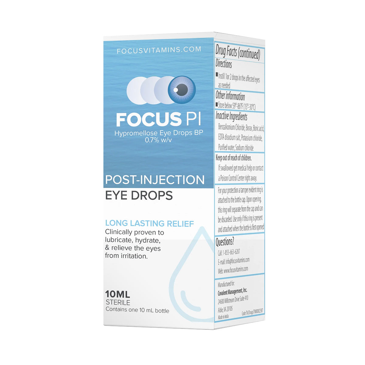 Focus PI Eye Drops (10ml Bottle) by Focus Vitamins, containing BP 0.7% w/v hypromellose, offer long-lasting lubrication and hydration to relieve dry eye irritation in a single convenient package.