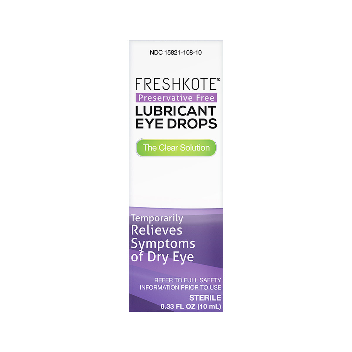 The image showcases Harrow Healths Freshkote (PF) Preservative Free Multidose Eye Drops, labeled The Clear Solution. This product offers temporary relief for dry eyes with a preservative-free formula, packaged in a white and purple box containing 0.33 FL OZ (10mL) for convenience.