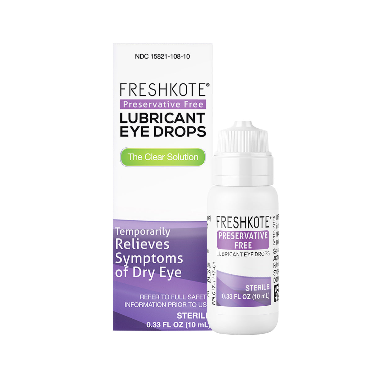 A bottle and box of Harrow Healths Freshkote Preservative Free Multidose Eye Drops (300 drops, 10mL) are displayed as the Clear Solution for temporarily relieving dry eye symptoms.