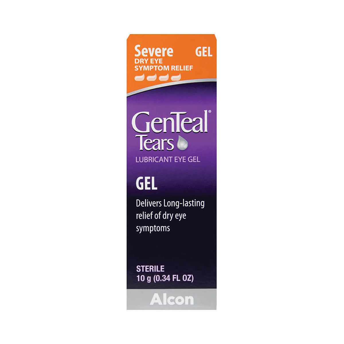 The Alcon GenTeal Tears Severe Dry Eye Nighttime Gel packaging, in purple and orange, emphasizes long-lasting relief and comes in a convenient 10g size.