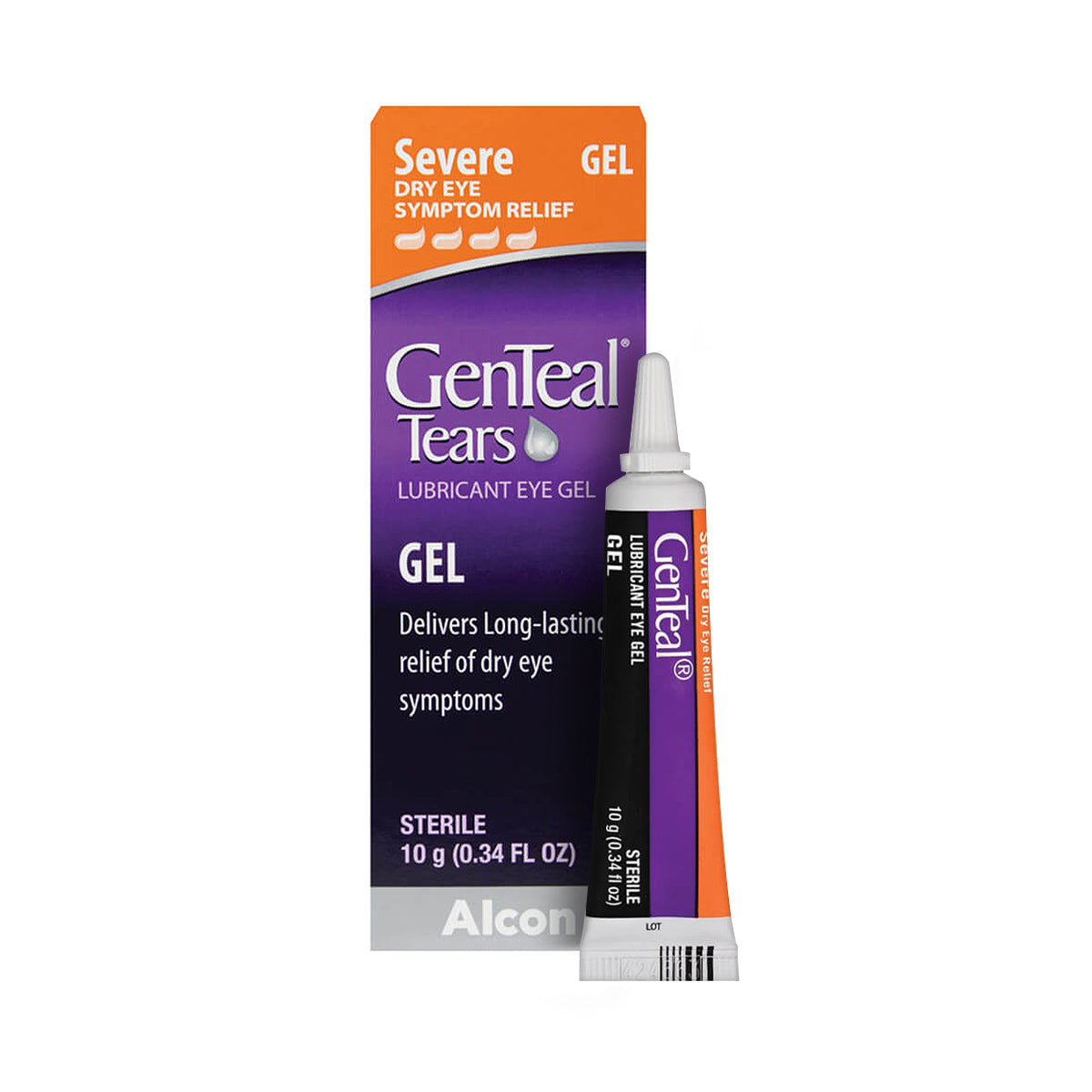 A tube of GenTeal Tears Severe Dry Eye Nighttime Gel by Alcon rests next to its purple and orange packaging, offering relief for severe dry eyes. The box contains 10g (0.34 fl oz) of sterile gel, crafted to soothe and comfort your eyes.