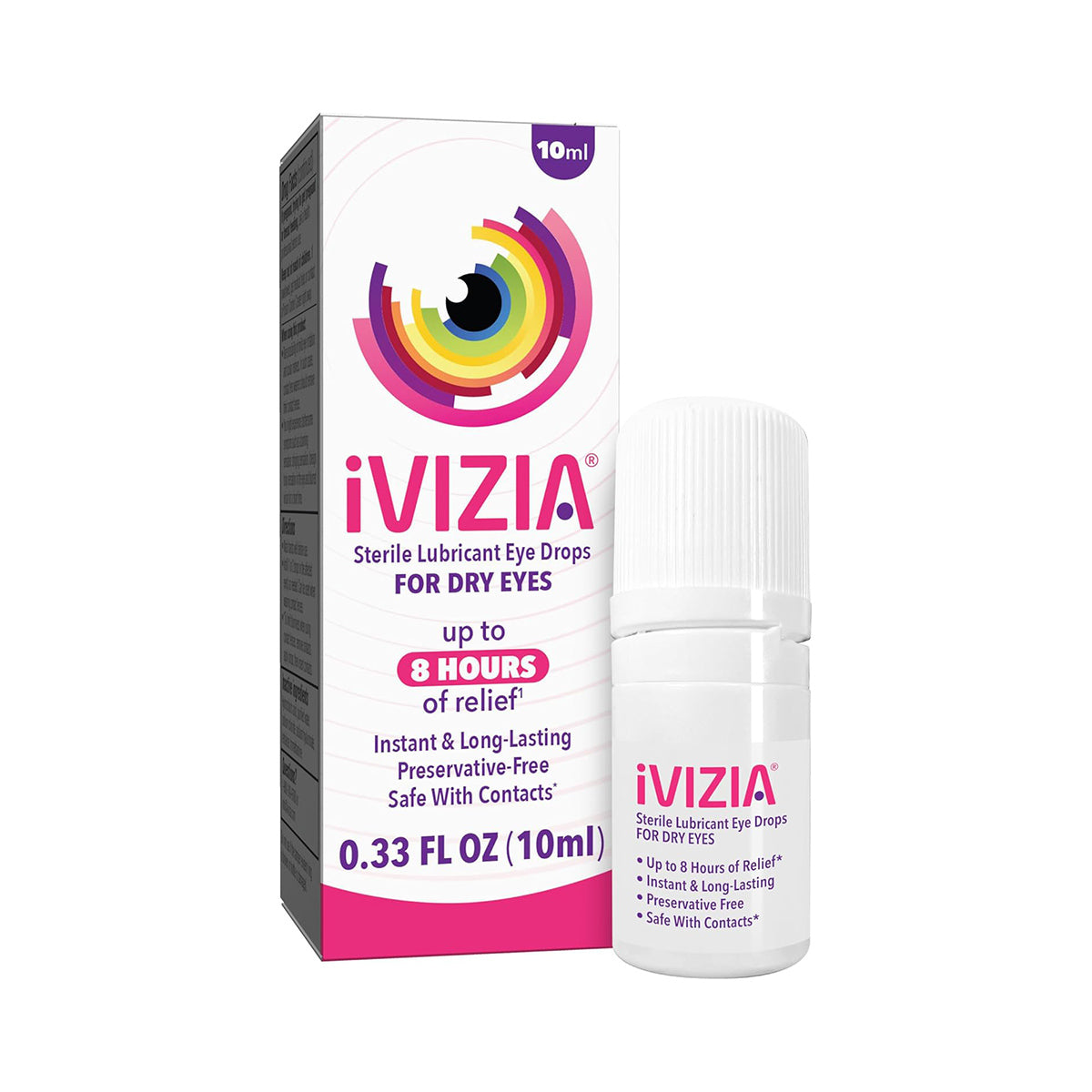 Theas iVIZIA Sterile Lubricant Eye Drops provide instant, long-lasting relief for dry eyes up to 8 hours. This preservative-free formula is contact lens friendly and comes in a 0.33 fl oz (10ml) bottle.