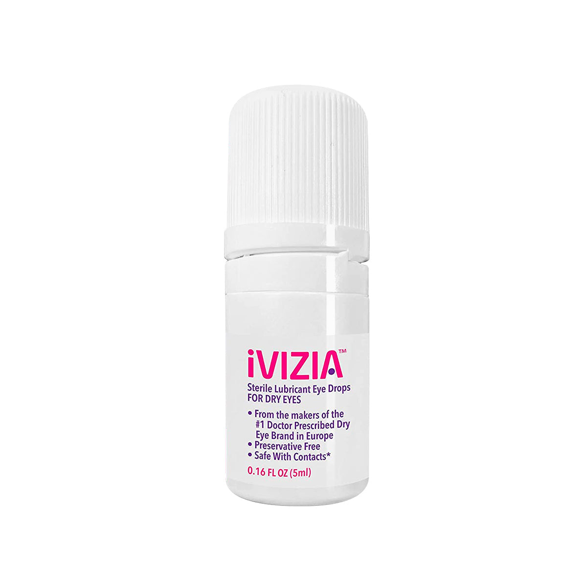 Theas iVIZIA Sterile Lubricant Eye Drops come in a 0.17 fl oz (5ml) white bottle. These preservative-free drops provide long-lasting hydration for dry eyes and are safe for use with contact lenses, featuring pink lettering on the bottle.